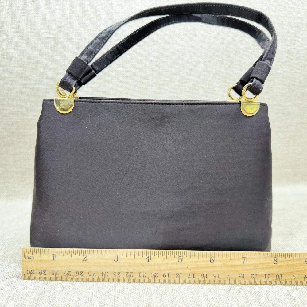 Miss Lewis Vintage Black Satin Evening Bag Gold Kiss Lock Triple Compartment